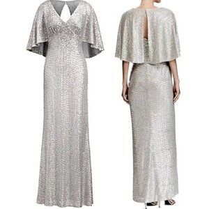 Lauren Ralph Lauren Silver Sequined Formal Maxi Dress Cape Effect 10